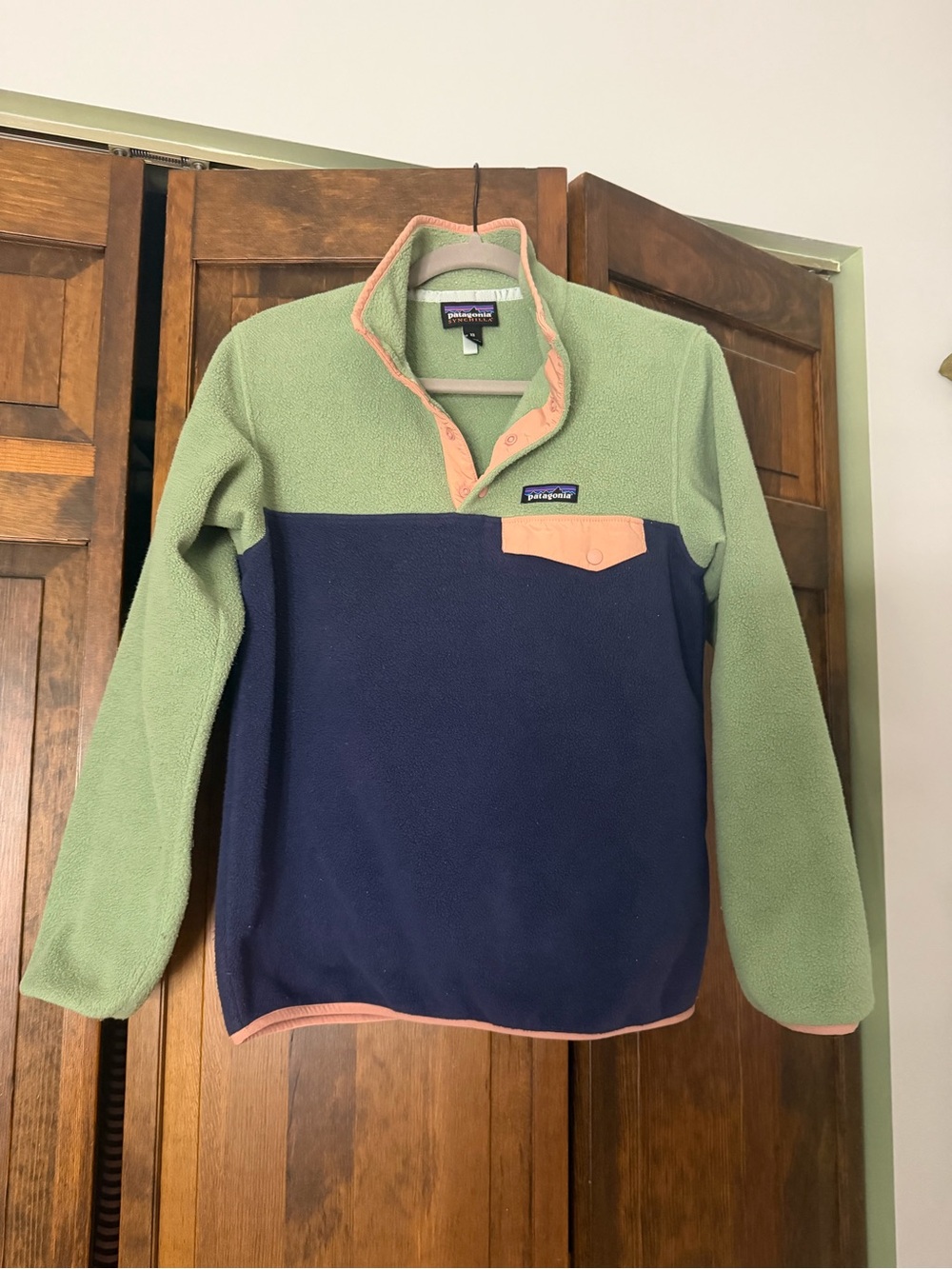Patagonia Snap-T Fleece Pullover - Green/Navy with Peach Trim